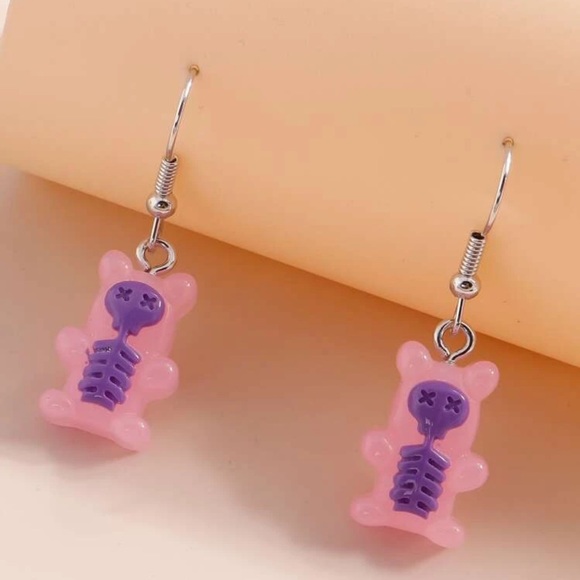 💀 Adorable Pastel Skeleton Skull Teddy Bear Drop Earrings 🐻 - Picture 3 of 4